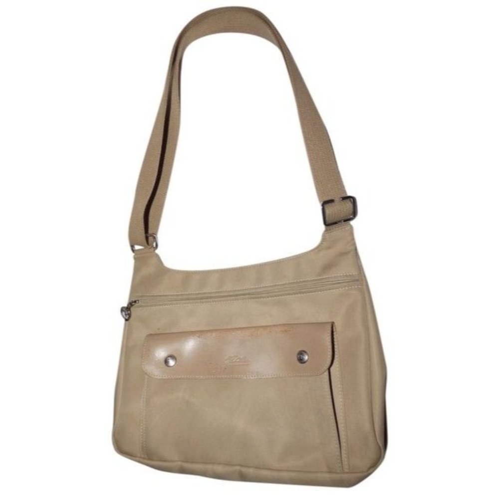 Longchamp Vintage Khaki Tan Leather Crossbody Canvas Bag